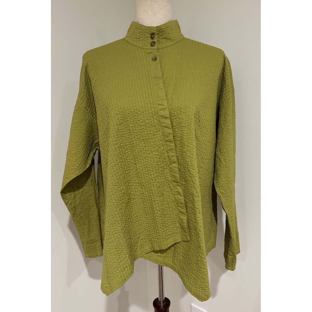 $395 YACCO MARICARD size 2 L XL Asymmetrical Cotton Lawn Pintuck Shirt Green